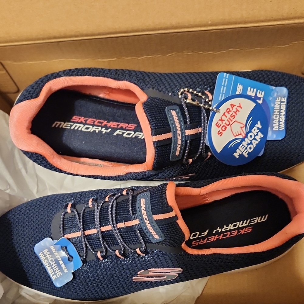 Skechers Navy and Pink Memory Foam Sneakers 7 Washable Soft Mesh New In …